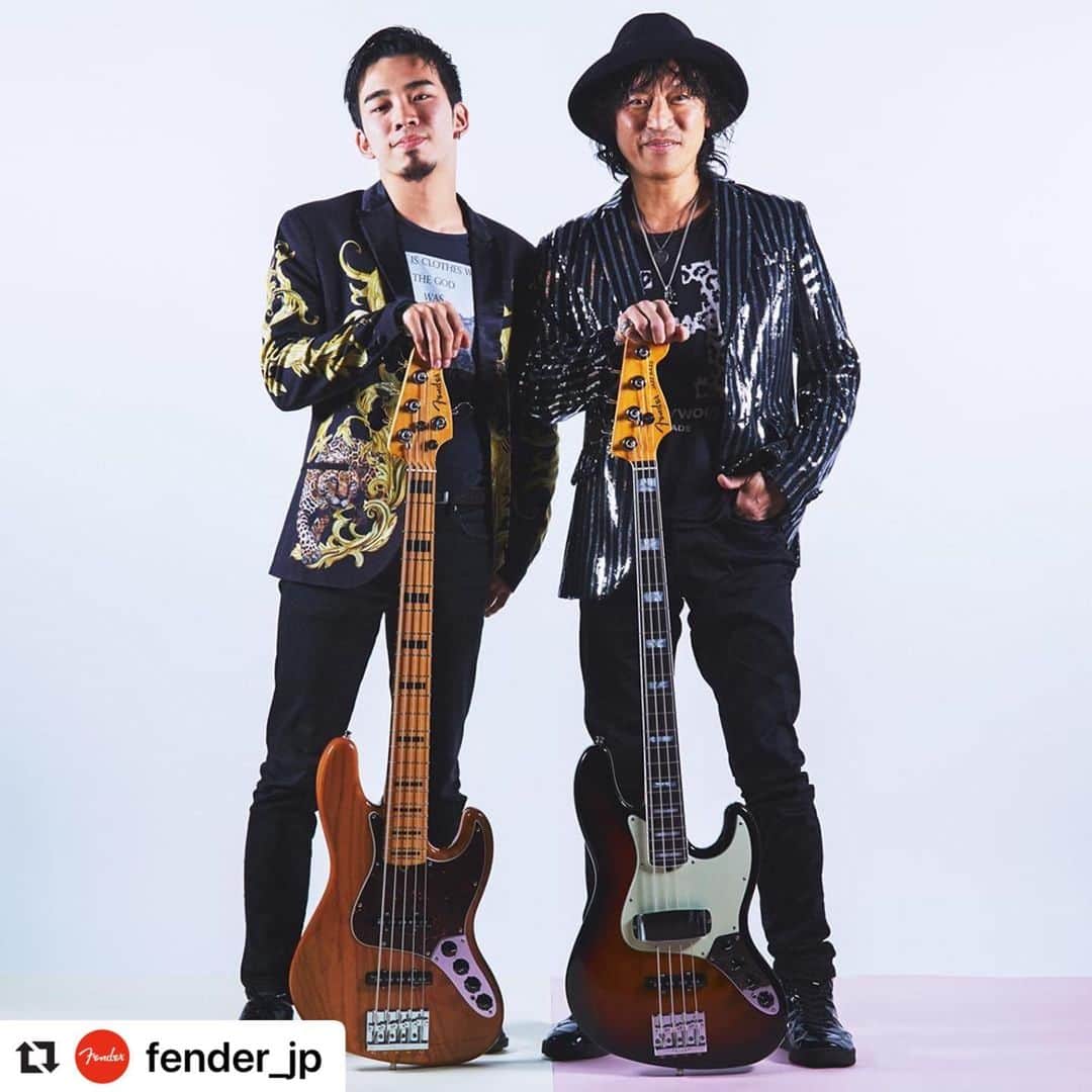 日野賢二のインスタグラム：「Here with my proud student 弟子 (Since 16yrs old )Kazuki Arai W/a mild success the band “King Nu” Posing for Fender,way to go Kazuki!!」