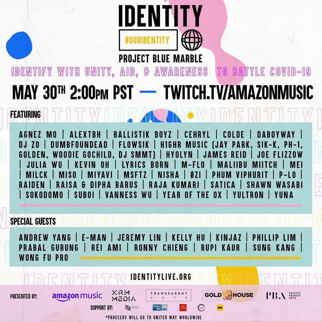 Far East Movementのインスタグラム：「#OURIDENTITY on 5/30 💙🌐 Presented by @amazonmusic @transparentfeed @goldhouseco #XRMMEDIA @unitedway @andrewyang2020 @sungkangsta @dumbfoundead @rupikaur_  @djeman @rei.ami @kellyhu @agnezmo @alex.tbh @ballistik_fext  @cehryl @wavycolde @daboyway @thaitanium @zomanno @jayflowsik @h1ghrmusic @jparkitrighthere @younghotyellow94 @ph1boyyy @g_theprince @woodie_gochild @xhyolynx @james @flizzow @juliawu94 @kevinoh_ @lyricsborn @mflo_official @verbal_ambush @takudj @maliibumiitch @brandtorange @milckmusic @o0omiso0o @miyavi_ishihara @msftz_official @thisisnisha @ozifp @phumviphurit @p_lo @dj_raiden_ @raisa6690 @diphabarus @therajakumari @saticamusic @shawnwasabi @sokodomo @justsuboi @vannesswu @officialyox @yultron @yuna @jlin7 @kinjaz @therealphilliplim @prabalgurung @wongfupro @ronnychieng」