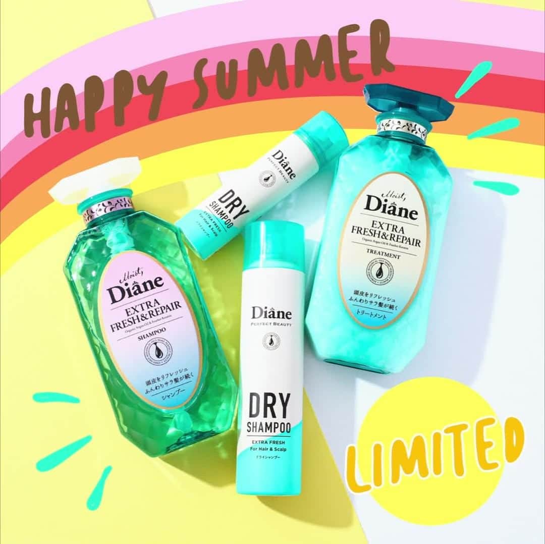 モイストダイアンのインスタグラム：「ダイアンの「エクストラフレッシュ」のライン使いで爽やか！Happy Summer☀️﻿ ﻿ ﻿ ﻿ #ダイアン #パーフェクトビューティー #モイストダイアン #moistdiane #perfectbeauty #エクストラフレッシュ #ツヤ髪 #シャンプー #ヘアケア #ダメージ補修 #フレッシュ #爽快 #ドライシャンプー #dryshampoo #新商品 #ヘアコスメ #limited #限定 #夏 #summer #数量限定 #期間限定 #バスタイム #リフレッシュ #shampoo #ヘアスタイリング #桐谷美玲 #おうち時間 #stayhome #おうち美容」