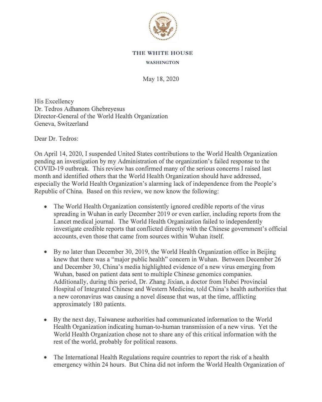 ドナルド・トランプさんのインスタグラム写真 - (ドナルド・トランプInstagram)「This is the letter sent to Dr. Tedros of the World Health Organization. It is self-explanatory!」5月19日 11時59分 - realdonaldtrump