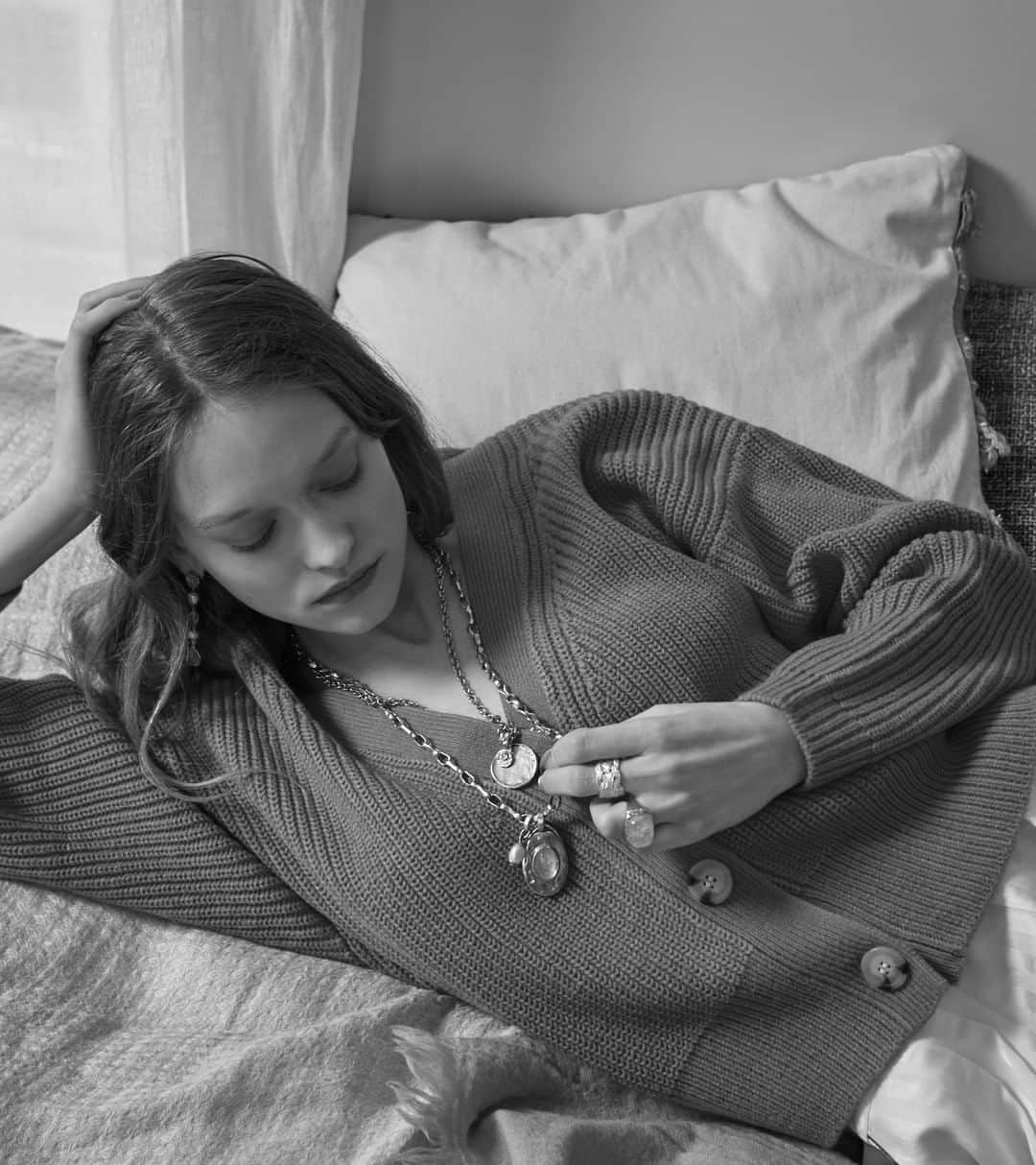のインスタグラム：「BABYLONE rings, TALISMAN necklaces and CACHEMIRE earrings. All in metal soaked in a 24-carat gold bath, yellow gold color, some pieces are adorned with natural rock crystal cabochons and freshwater pearls.」