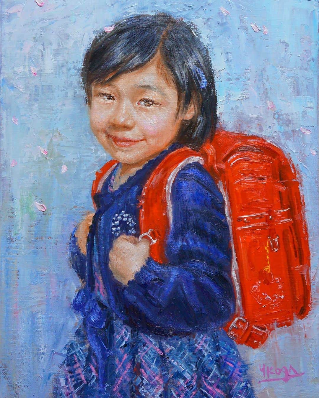 古賀陽子のインスタグラム：「肖像画をオーダーしていただきました。 新一年生🎒✨ 今年は入学式が無くなって残念だったけど、良い記念になったと喜んでいただきました😭✨ 1日も早く元気に小学校生活を楽しめるようになりますように🙏  #肖像画 #アート #アーティスト #アートワーク #作家 #画家 #美術 #絵 #作品 #ペイント #色 #美術館 #人物画 #油絵 ギャラリー #アートのある暮らし #exhibition #exhibit #art #instaart #instaartist #artist #artwork #painting #gallery #beauty #portrait #西宮 #神戸 #古賀陽子 #yokokoga」