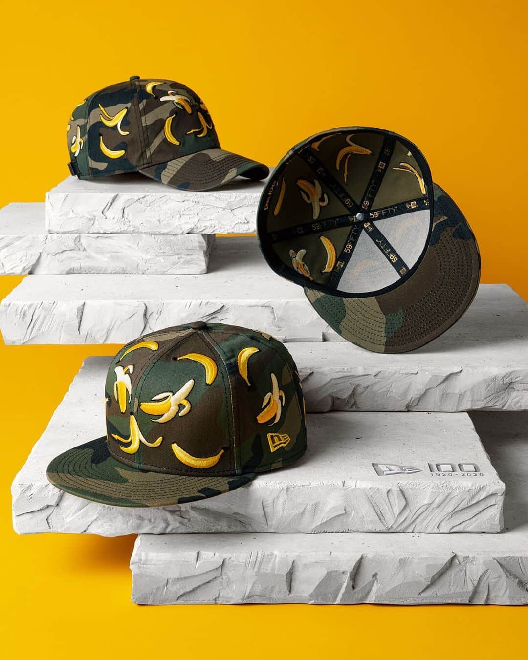 ニューエラ・キャップのインスタグラム：「From the archive, we’re bringing back the Camo Bananas #59FIFTY Fitted. Including two new silhouettes, this collection is the newest addition to our 100th Anniversary drops. . Available now, link in bio. 🍌」