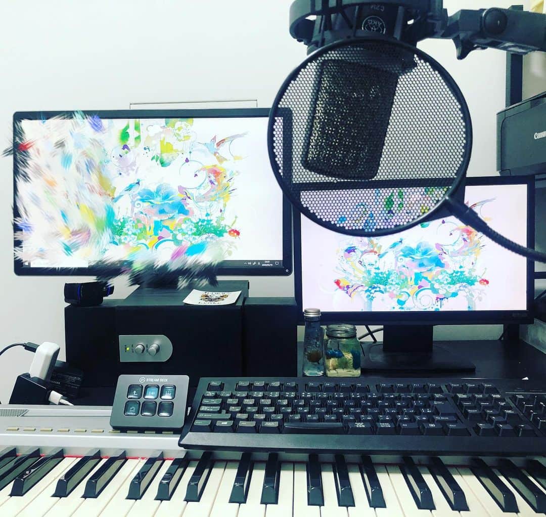 R!Nのインスタグラム：「最近色々と中古で機材を買いました。 写真には写ってないけど、笑 インターフェース　RME Fireface UCX モニター　DELL 24インチ(激安だった)  あとはキーボード横にあるのはStream DECKです。ポチッと押すと、立ち上げたいソフトやブラウザが立ち上がります。OBSにも対応しているので、シーン切り替えやBGMのポン出しもできる優れものです。(教えてくれたたまちゃんありがとう！) コラボしてくれるアーティストや、特番に出演してくださる方々へのリスペクトを込めて、精一杯配信のクオリティを上げる設定をここ数日めっちゃくちゃがんばりました。。 勿論録り音もよくなったのでステイホームでの歌の仕事も捗ります！(今は喉を少し休めてます)  みんなが少しでも元気になれるように、頑張ってエンターテインメントを届けるので、是非見届けてほしい！そして、一緒にワクワクしようね！  おやすみ。」