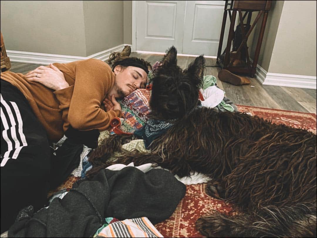 カイル・ガルナーのインスタグラム：「Sometimes laundry day is also lay down on a pile of blankets and clothes with your pup day.」