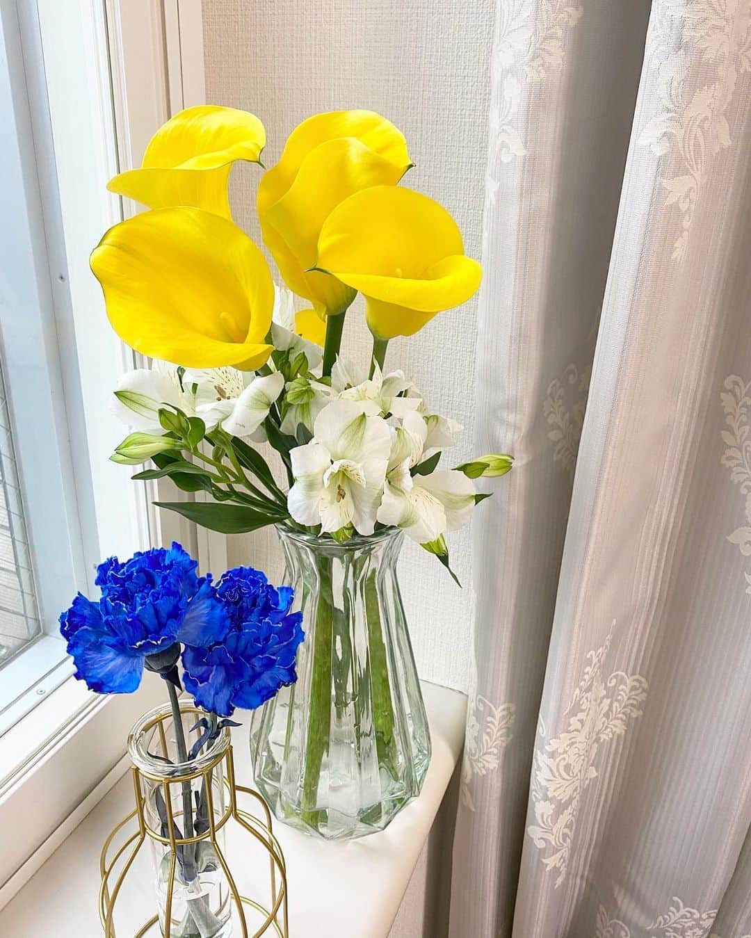 夏本あさみさんのインスタグラム写真 - (夏本あさみInstagram)「久しぶりにお花買えて嬉しい。 黄色い、カラーという名前のお花の花言葉は 「壮大な美」🌼✨この言葉とっても好き！ * 青いカーネーションは玄関に飾ります。」5月20日 17時49分 - natsumotoasami