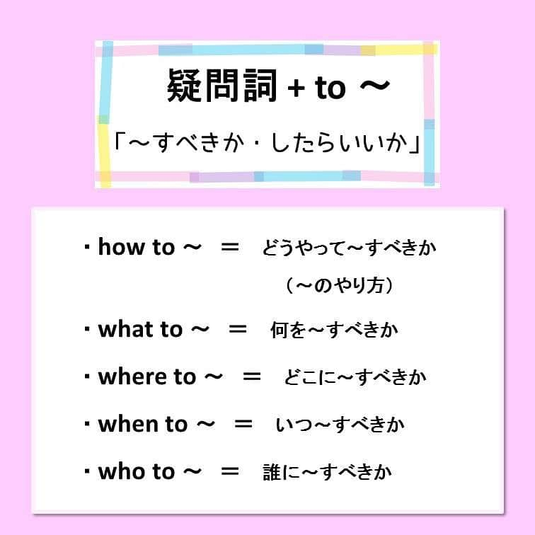 超絶シンプル英会話♪さんのインスタグラム写真 - (超絶シンプル英会話♪Instagram)「- - 今日は、「what to」「how to」などの 「疑問詞+to」について解説していきます！ - まずは2枚目の問題を解いてみましょう♪ 「疑問詞+to」をどう訳すかがポイントです。 - 「疑問詞+to」は「～すべきか・したらいいか」という意味になります。 普通の疑問文などで使われる意味とは違ってくるので、気を付けましょう！ - 「how to」は「どうやって～すべきか」＝「～のやり方・方法」となります♪ 「how to」と「what to」が一番よく使います。 - 「I don't know how to do ～」（～のやり方がわからない）や 「I don't know what to do」（何をすればいいのか分からない） などはフレーズごと覚えておくと便利です！ 5枚目に色んな例文も載せているので、 ぜひ日常会話で使ってみて下さいね♪ - - 🌸身につく英会話スクール🌸 - 動画やSNSなど、色んなコンテンツを使って英語が勉強できる、 オンラインスクールです💕 - 英語の勉強、何から始めればいいのかわからない... 超初級の文法やフレーズから始めたい方にピッタリ！ お家で好きな時間に学べ、毎日英語に触れることができます✨ - 詳しくはプロフィールページ @english.eikaiwa 👈 のリンクからご覧ください☺️ - - 📕書籍📕 『365日 短い英語日記』 『1回で伝わる 短い英語』 ======================== - 絶賛発売中！ 音声ダウンロード付き♪ - 全国の書店＆Amazonでお買い求めいただけます♪ 日常で使えるフレーズがたくさん！ 海外旅行、留学、訪日外国人との会話にぜひ＾＾ - - #英語#英会話#超絶シンプル英会話#留学#海外旅行#海外留学#勉強#学生#英語の勉強#mami#オンライン英会話#英語話せるようになりたい#英会話スクール#英語教室#英語勉強#子育て英語#身につくオンライン英会話#オンライン英会話#studyenglish#365日短い英語日記#1回で伝わる短い英語#instastudy#書籍化#stayhome#おうち時間」5月20日 18時32分 - english.eikaiwa