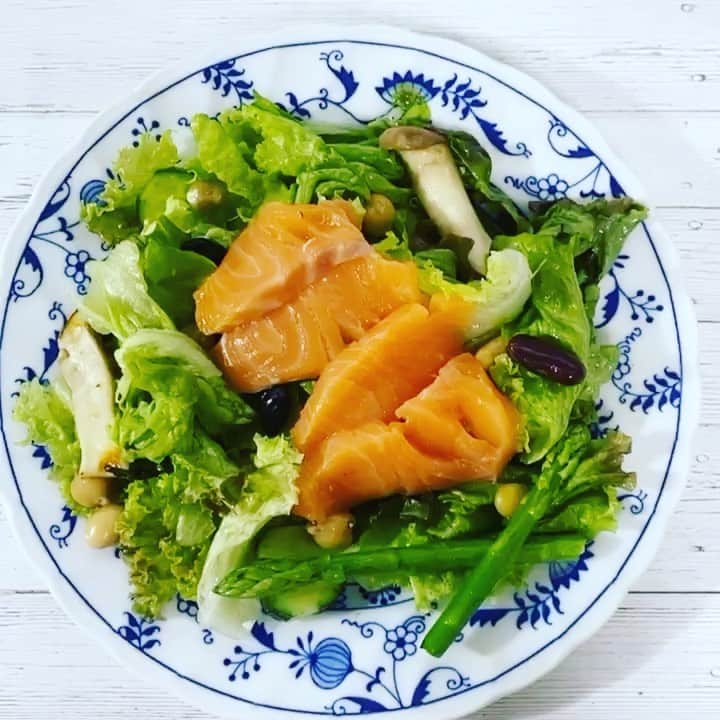 ほなみのインスタグラム：「. 何食べてますか？のDMたくさんいただくので、 カメラロールにあるご飯の写真を並べてみました☺︎ 先に言いますが、ばり適当です。笑 好きなものが詰まってます🤣  1枚目　サーモンサラダ　 2枚目　弟がさばいてくれた魚 3枚目　@style_deli  タンパク質豊富で低カロリー♡ すぐ食べれるけんおすすめです😊 4枚目　とろろそば（最近ブーム） 5枚目　馬刺しのハンバーグと野菜達  ここからヘルシーでもなんでもないです笑 6枚目　おうちカフェした時のワンプレート（食べただけ） 7枚目　てづくりパンケーキ （食べただけ） 8枚目　いたるカフェのテイクアウトお弁当 9枚目　母の日のケーキ🥀  見ての通り全然こだわりないのと、 難しい料理作ってないです😂笑 茹でるか、炒めるか　🍃 素材のまま食べよるいつも🤣 . そして食べる時はメリハリつけて 食事を楽しんでます♡ だってみんなで美味しいもの食べるのって めっちゃ幸せやない？😊 . お魚すきやけん1日1回は食べるかな♡ .」