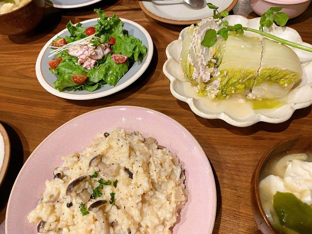 近藤千尋のインスタグラム：「今日のごはん🍄 きのこリゾット❤️ 白菜はお豆腐と鶏ひき肉を挟みました✨ サラダはラディッシュとツナマヨを和えたもの🥗 ごちそうさまでした🥰」