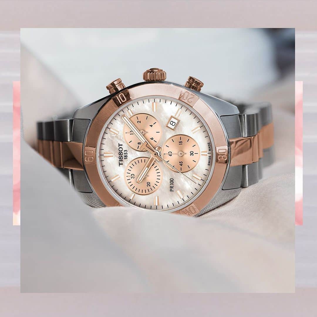 のインスタグラム：「Always pretty in pink… at the office or while enjoying free time you will always be right  with the PR 100 Sport Chic chronograph. #Tissot #PR100SportChic #Sport #Chic」