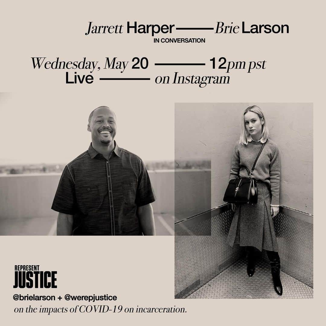 ブリー・ラーソンのインスタグラム：「I got my days confused! Should have posted earlier! Don’t miss my conversation with Jarrett Harper of @werepjustice to discuss how people who are incarcerated and the staff are being effected by COVID-19. Plus, their invaluable relief fund.」