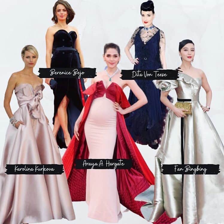 アレクシマビーユのインスタグラム：「Missing glamour @festivaldecannes look reminders from past years @alexismabille thanks @runwaytoredcarpetee @karolinakurkova @berenicebejo_official @ditavonteese @bingbing_fan @chomismaterialgirl #festivaldecannes #festival #glamour #cannesfilmfestival #moviestars #stars #looks #redcarpet #tapisrouge #flashs #hautecouture #alexismabille #karolinakurkova #berenicebejo #arayahargate #ditavonteese #fanbingbing #eveninggowns #hautecouturedress #vavavoom #glam #paillettes #hautejoaillerie #sunlight」