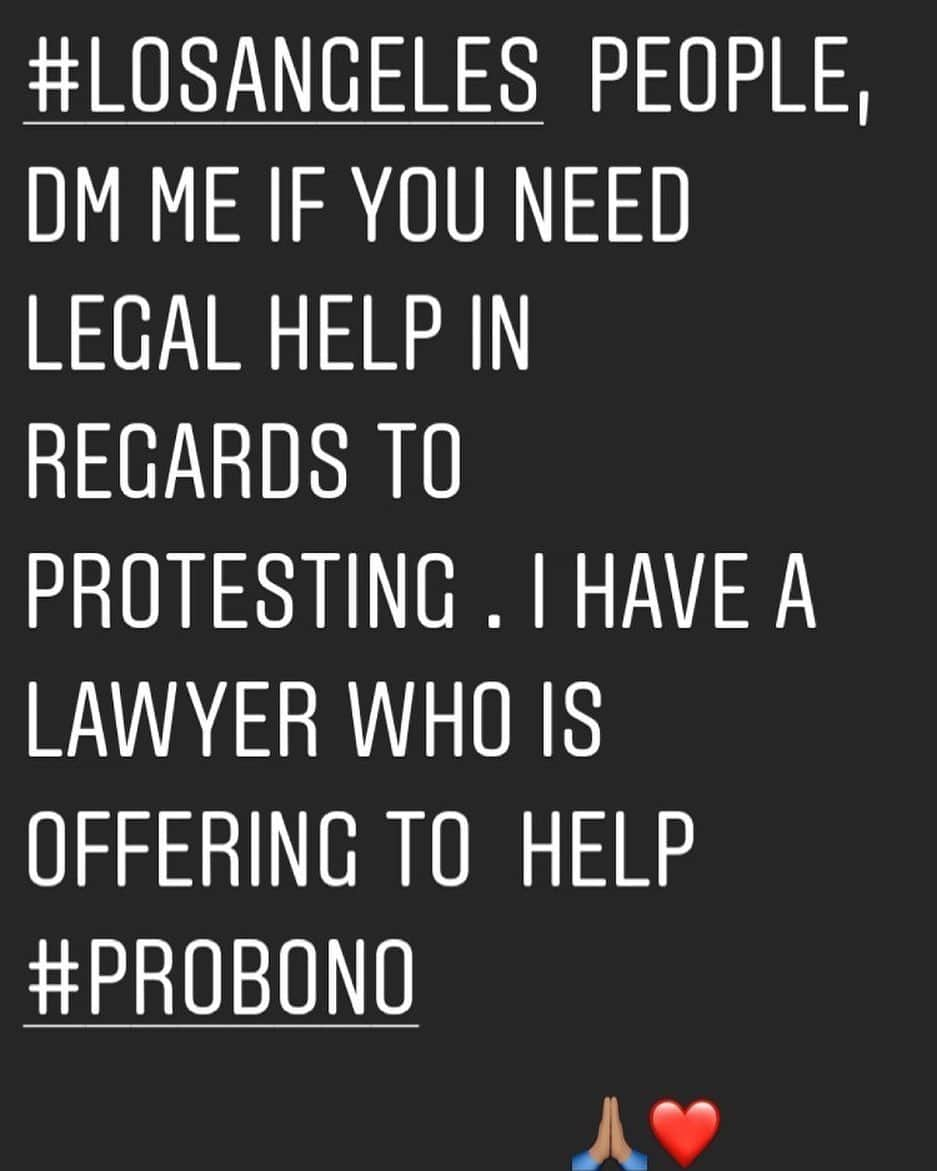 ジーン・トリプルホーンのインスタグラム：「#losangeles, please reach out if you know someone who was protesting and needs legal representation. I know an incredible lawyer who is willing to help #probono 🙏🏽❤️ #protestandvote #blacklivesmatter #georgefloyd #strongertogether」