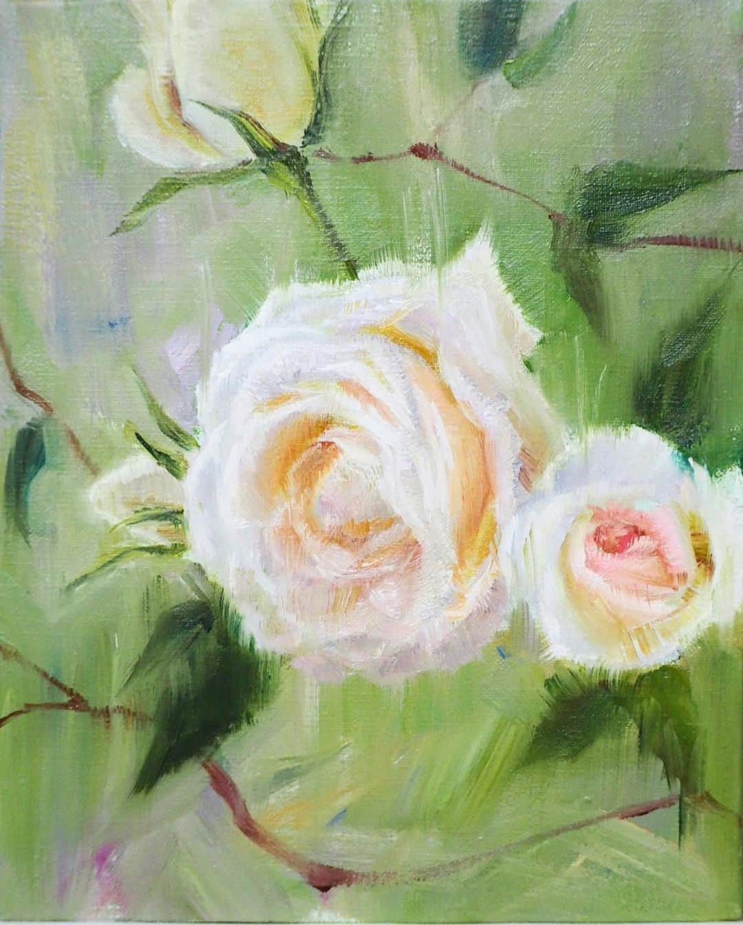 古賀陽子のインスタグラム：「“白い薔薇”  #rose #バラ  #アート #アーティスト #アートワーク  #作家 #画家 #美術館 #絵 #作品 #油絵 #絵画展 #静物画 #アートのある暮らし #絵画のある暮らし #ギャラリー #個展 #神戸 #exhibition #exhibit #art #instaart #instaartist #artist #artwork #gallery #stilllife #painting #yokokoga #古賀陽子」