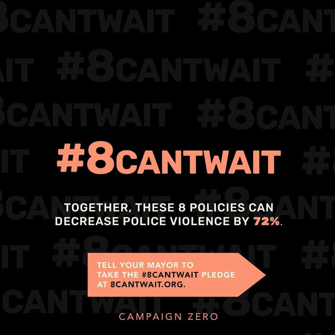 ジジ・ハディッドのインスタグラム：「YOU WOULD THINK THAT THE ABOVE 8 POLICIES HAVE ALREADY BEEN ADOPTED BY EVERY POLICE DEPARTMENT IN AMERICA. That is NOT the case. If so, implementing these 8 use-of-force policies could, together, decrease police violence that results in death by 72% !!!!!!⁣ ⁣ I want to start by saying: the activists leading @campaignzero DO UNDERSTAND the importance of defunding the police. In an amazing group lesson the other day with @iamderay, he STARTED the conversation with explaining that the ultimate end-goal is to reduce the power of the police and shrink the role of the police.**⁣ —— In the meantime, the IMPORTANCE of the #8CantWait Campaign is about IMMEDIATELY reducing the power of the police — made possible by the fact that we have the power to get Mayors to put these policies in place TODAY. Right now. No executive order or legislative steps needed !! ⁣ ⁣ Visit 8CANTWAIT.ORG to find out which of these policies have already been put into action (or not!!!) in YOUR CITY (you will be surprised- I was!!!) and use their tools to get your Mayor’s contact info — so you can tell them to adopt these LIFE-SAVING POLICIES ASAP. ⁣ ⁣ **We can also make demands to shrink the role of the police by removing funding and limiting the scope of the work that they are even assigned to do. This is both/and not either/or.⁣ ⁣ Thank you everyone at @campaignzero for your hard work to create the largest database of police misconduct, and for giving us the tools to really be able to directly demand change! And special thanks to @iamderay and @cleowade for the efforts you have put in to facilitate educating so many of us on this incredibly useful information. I appreciate you.」