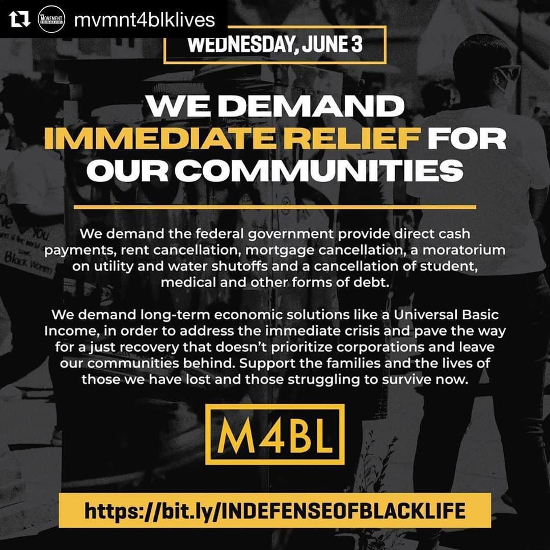 アンバー・ヴァレッタさんのインスタグラム写真 - (アンバー・ヴァレッタInstagram)「#Repost @mvmnt4blklives ・・・ Our communities need immediate relief. Covid-19 has disproportionately compounded the violence that Black communities have experienced for generations. 40 MILLION people are unemployed in a pandemic while TRILLIONS of our tax dollars are used to jumpstart Wall Street and corporations.  We demand long-term economic solutions like a Universal Basic Income, and immediate relief including direct cash payments, rent cancellations, moratoriums on utility shutoffs and a cancellation of debts that tear apart communities. When generations of Black communities have been economically robbed by a racist system, we need to reinvest in the livelihoods of those most affected.  This is why we fight to #DefendBlackLife and #DefundPolice.  Visit the link in our bio to take part of the today’s action now.」6月4日 8時03分 - ambervalletta