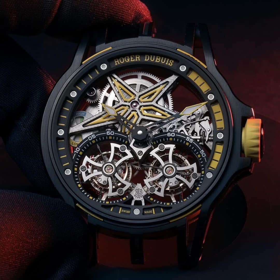 Daily Watchさんのインスタグラム写真 - (Daily WatchInstagram)「The one-of-a-kind skeleton Double Flying Tourbillon showcases the expertise of high watchmaking by @Roger_Dubuis. Here seen on the limited edition Roger Dubuis Excalibur Spider Pirelli. 1 of just 8 pieces. Playing with the famous color codes of Pirelli, the surprise comes from the strap featuring rubber inlays from certified Pirelli winning tyres having competed in real races #RogerDubuis #Excalibur #Pirelli #DaretobeRare #WatchesAndWonders」5月20日 20時56分 - dailywatch