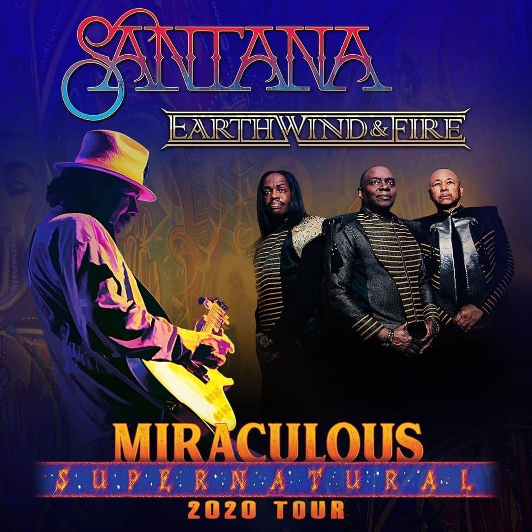 アース・ウィンド・アンド・ファイアーのインスタグラム：「In the interest of the health and safety of our family of fans, the Santana and Earth, Wind & Fire: Miraculous Supernatural 2020 Tour is being rescheduled to 2021. Please hold on to your tickets as they will be honored at the rescheduled show dates. If you require a refund, it will be available when the rescheduled show dates are announced, or sooner if it takes extra time; additional information is available here: http://livenation.com/refund.⠀ ⠀ We can’t wait to hit the stage again soon to celebrate Life and Love with you.⠀ Until then, stay well, stay home and stay tuned.⠀ 🌎💨🔥」