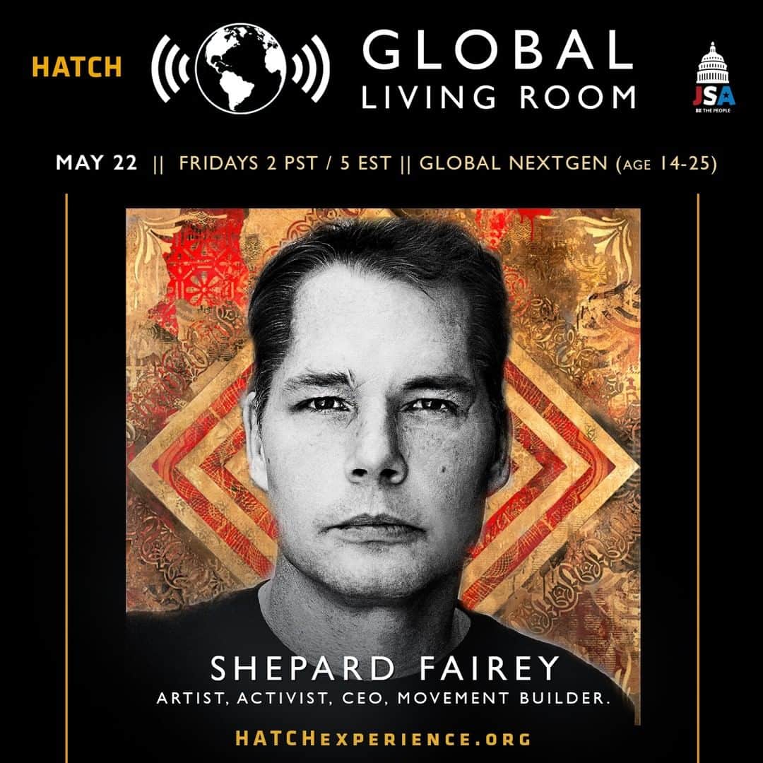 Shepard Faireyのインスタグラム：「If you're interested in being part of a discussion around voter engagement, climate change, and the future of education, tune in this Friday, May 22nd at 5pm EDT at NextGen Global Living Room. I'll be part of a live discussion with @hatchexperience to discuss harnessing creativity, art and storytelling to activate movements and change, as well as how we can mobilize youth and adults to vote!⁠ Visit the link in my bio to RSVP for tickets.⁠ -Shepard⁠ ⠀⠀⠀⠀⠀⠀⠀⠀⠀⁣⁠ About HATCH: a non-profit founded by Yarrow Kraner in 2004 – a global network with an ecosystem of annual summits and year-round with the goal of accelerating solutions to global challenges.⁠ #HATCHaBetterWorld #vote #obey #obeygiant #shepardfairey」