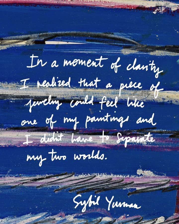 デビッドヤーマンのインスタグラム：「Worlds connect. As an artist, Sybil Yurman reflects on the meaningful significance of her paintings with the expressive jewelry designs that we create. - Painting: Lyrical Suite 3, Mixed Media」