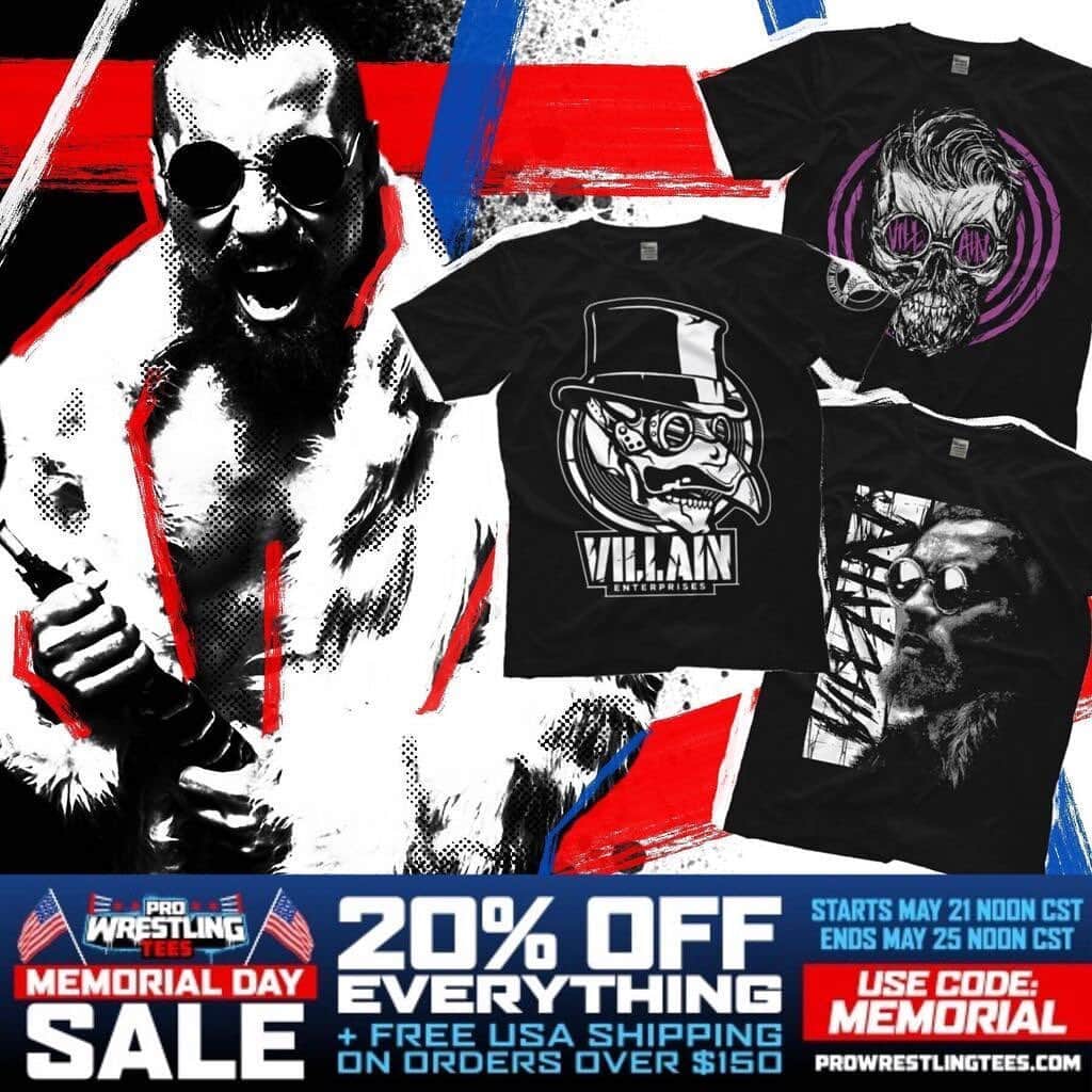 マーティ・スカルのインスタグラム：「20% off Villain merch today at 1pm est  prowrestlingtees.com/martyscurll  Code: MEMORIAL  #villain ☔️」