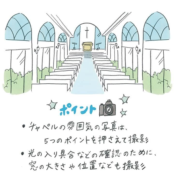 ゼクシィさんのインスタグラム写真 - (ゼクシィInstagram)「【＼撮り漏れなし／プロが教える！会場見学の撮影リスト📝】 . 式当日をイメージして、夢と希望が膨らむ会場見学💗 後で他の会場と比較検討するためにも、 チャペルや披露宴会場など、 しっかりとその雰囲気を写真に収めておきたいもの。 そこで今回は会場見学時の撮影のコツをお教えしちゃいます☝️✔️ . 撮影リスト1️⃣バージンロード 一番気になるのは長さ！ 実際にバージンロードの途中に新婦さんが立ち、 入り口側と祭壇側の両方から写真を撮ると全体がよくわかる。 . 撮影リスト2️⃣チャペル 1）入り口から正面、2）祭壇から入り口、 3）会場四隅の角から斜めに全体、4）祭壇のみ、 5）外側から入り口　を撮影しておくと間違いなし。 . 撮影リスト3️⃣挙式会場、外観 フラワーシャワーなどができるスペースがあるのか、 チャペルを出たらすぐ階段なのか、など、 出入り口の要素が意外と大事なので、 チャペルの出入り口あたりから 実際に外まで歩いてみて、動画で撮影するべし！ . 撮影リスト4️⃣披露宴会場 入り口から広く、高砂席から広く全体を撮影しましょう。 外光が入るときには窓の大きさや位置も重要になるので、 窓の大きさがわかるように撮っておくこと！ . 撮影リスト5️⃣余興スペース ステージがない会場の場合、会場の後ろ側で 余興を行うことが多いので、後ろ側のスペースを撮影しましょう。 空間を撮影する場合は人を入れて具体イメージを持たせてみて。 . 撮影リスト6️⃣ウエルカムスペース ウエルカムスペースは「広さ」や 「調度品」などによって雰囲気が左右されるので、 全体（入り口から内側、奥から入り口側、 角から対角線で全体）を撮るのは大前提！ . いかがでしたか？ 残り4箇所については、#ゼクシィアプリにて♪ 「＼撮り漏れなし／プロが教える！会場見学の撮影リスト10」 . +♥+:;;;:+♥+:;;;:+♥+:;;;:+♥+:;;;:+♥+:;;;:+♥ . プロポーズから結婚式まで素敵なお写真募集中！ . ゼクシィ公式アカウントでお写真を紹介してみませんか？ 【#ゼクシィ2020】 を付けて投稿してください📷💎 . +♥+:;;;:+♥+:;;;:+♥+:;;;:+♥+:;;;:+♥+:;;;:+♥ . ▼花嫁さんダウンロード数No.1 ゼクシィアプリはURLから👰💐 @zexyrecruit . . #チャペル#チャペル挙式#チャペルウェディング#チャペルフォト#教会 _ #教会ウェディング#結婚式場#結婚式場探し#結婚式場見学#式場見学#式場探し#式場迷子#式場選び#式場レポ _ #ブライダルフェア#ブライダルフェアレポ#ウェディングフォト#前撮り指示書#撮影指示書#全国のプレ花嫁さんと繋がりたい#日本中のプレ花嫁さんと繋がりたい#当日レポ#ウェルカムスペース#会場見学 _ #プレ花嫁#ゼクシィ#ちーむゼクシィ#幸せが動きだしたらゼクシィ」5月21日 18時28分 - zexyrecruit