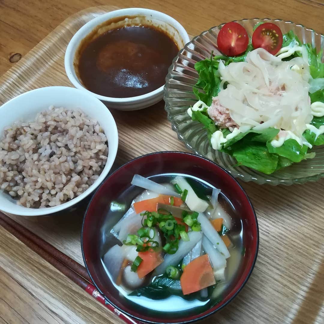 内田敦子のインスタグラム：「コメントはありません  #おうちごはん  #夜ご飯  #ハンバーグ  #ツナ缶 #ソネングラス」