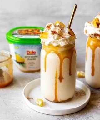 Dole Packaged Foods（ドール）のインスタグラム：「@GrandbabyCakes has our mouths watering with this yummylicious Pineapple Upside Down Milkshake recipe. It is so simple and so delicious you have to treat yourself to one.  Recipe: * 1 cup vanilla ice cream * 1/2 cup pineapple sherbet * 1/4 cup Dole® Fridge Pack Pineapple Chunks * 1/2-1 cup milk 1/2 cup if you prefer thick shakes and 1 cup if you like them thinner * Pinch ground cinnamon * 1 tablespoon caramel sauce * Optional: Garnish with fresh whipped cream, cake crumbles, chopped pineapple, caramel sauce and/or cherries Makes 2 medium sized milkshakes Instructions 1. Add vanilla ice cream, pineapple sherbet, pineapple, milk, ground cinnamon and caramel sauce into the steel mixing cup of your drink mixer and process until smooth and blended to your preference. Add more milk if you prefer milkshakes a bit thinner. 2. Pour milkshake into two glasses and garnish with toppings of your liking.」