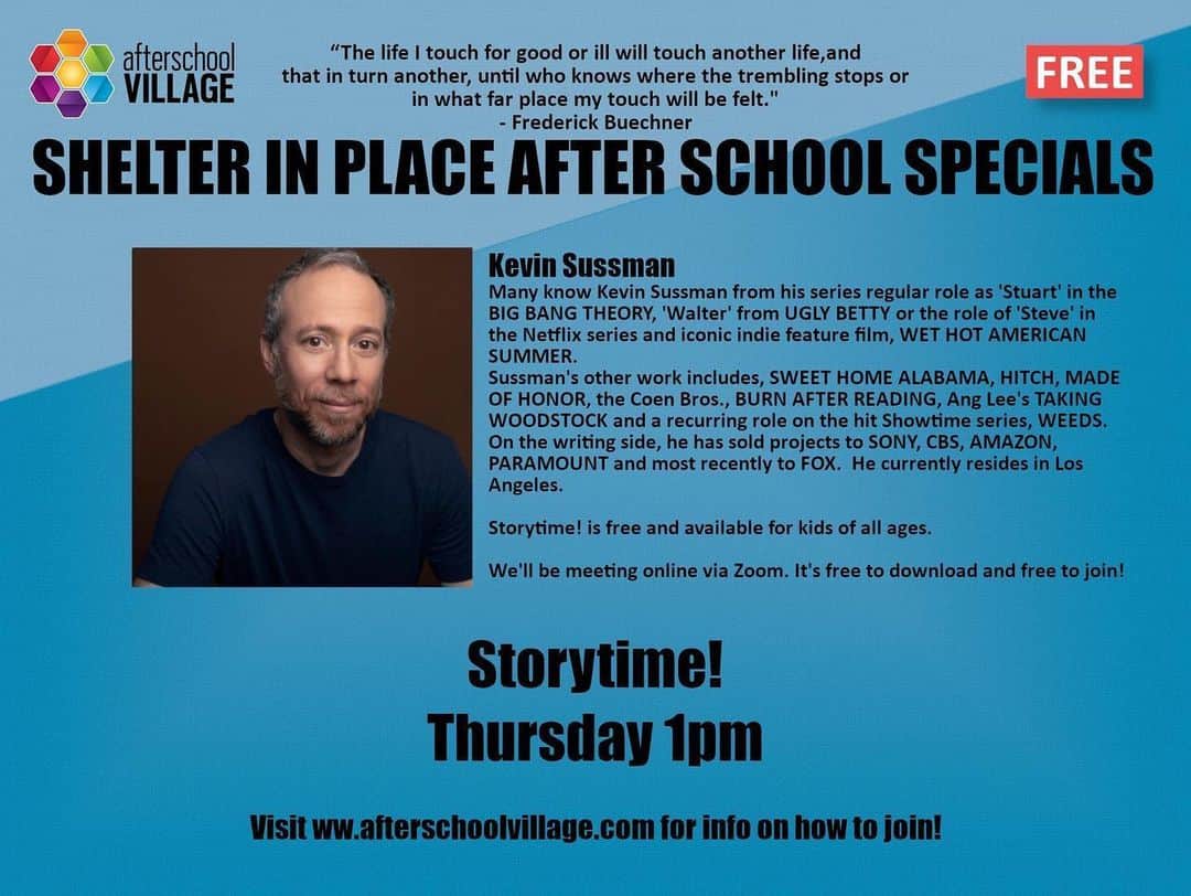 ケヴィン・サスマンのインスタグラム：「Today at 1PM Pacific time!! Free! Get the Zoom link at Afterschoolvillage.com」