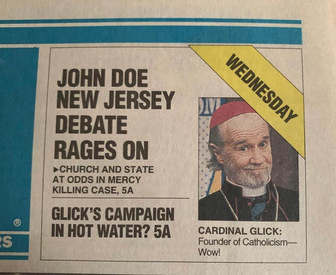 ケヴィン・スミスのインスタグラム：「FAKE NEWS! Quarantine cleaning my office and found the fictional copy of @usatoday that reported on Cardinal Glick and his Catholicism: WOW! campaign in my fourth film, DOGMA. This faux article from 1999 is the literal definition of #fakenews because a) #georgecarlin is real, Cardinal Glick is not, b) The Catholic Church never replaced the crucifix with the #buddychrist. In fact, none of the events in #dogma happened (except @alanis does happen to be god), and c) The body of the article is not about what the headline promises (it was taken from a book about a guy named Lloyd who’s got a bird in his house). In short? Movies lie at 24 frames a second. #KevinSmith #movies #movieprops #movieprop」
