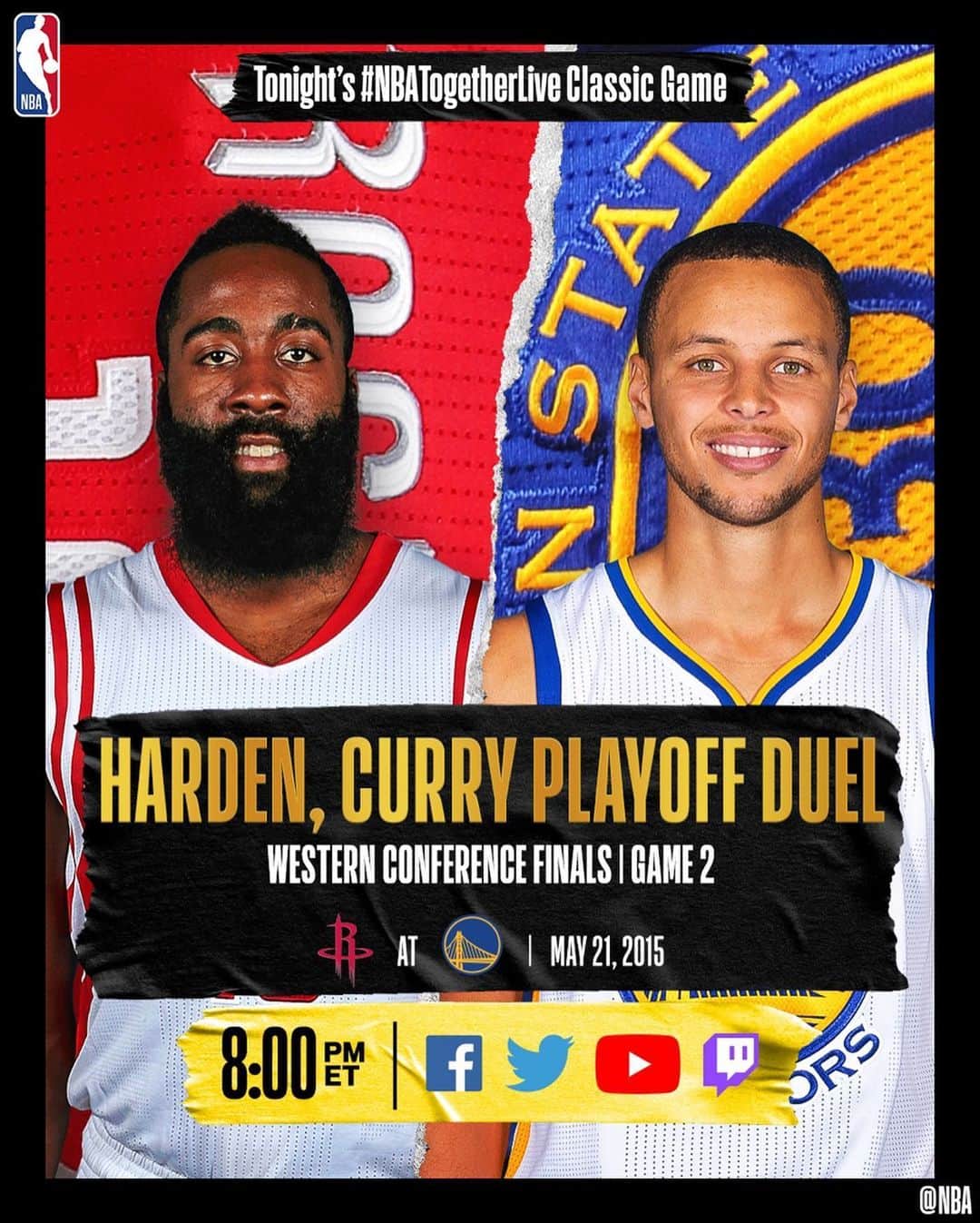 NBAさんのインスタグラム写真 - (NBAInstagram)「Tonight’s #NBATogetherLive Classic Game will feature the epic duel of @houstonrockets / @warriors Game 2 of the Western Conference Finals (5/21/2015). We’re streaming it live & watching together on @NBA Twitter, Facebook, YouTube and Twitch at 8:00pm/et!」5月22日 4時36分 - nba