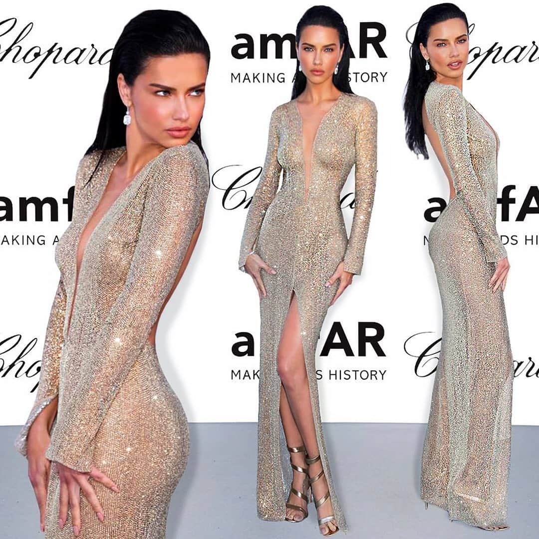 ジュリアンマクドナルドのインスタグラム：「The always glamorous @adrianalima glistening in a custom #JULIENMACDONALD gown dripping in shades of gold and metallic @swarovski crystals whilst attending the annual @amfar gala.  Styled by the amazing @elizabethsulcer Hair @patrickta Make-up @laurapolko Diamonds @Chopard」