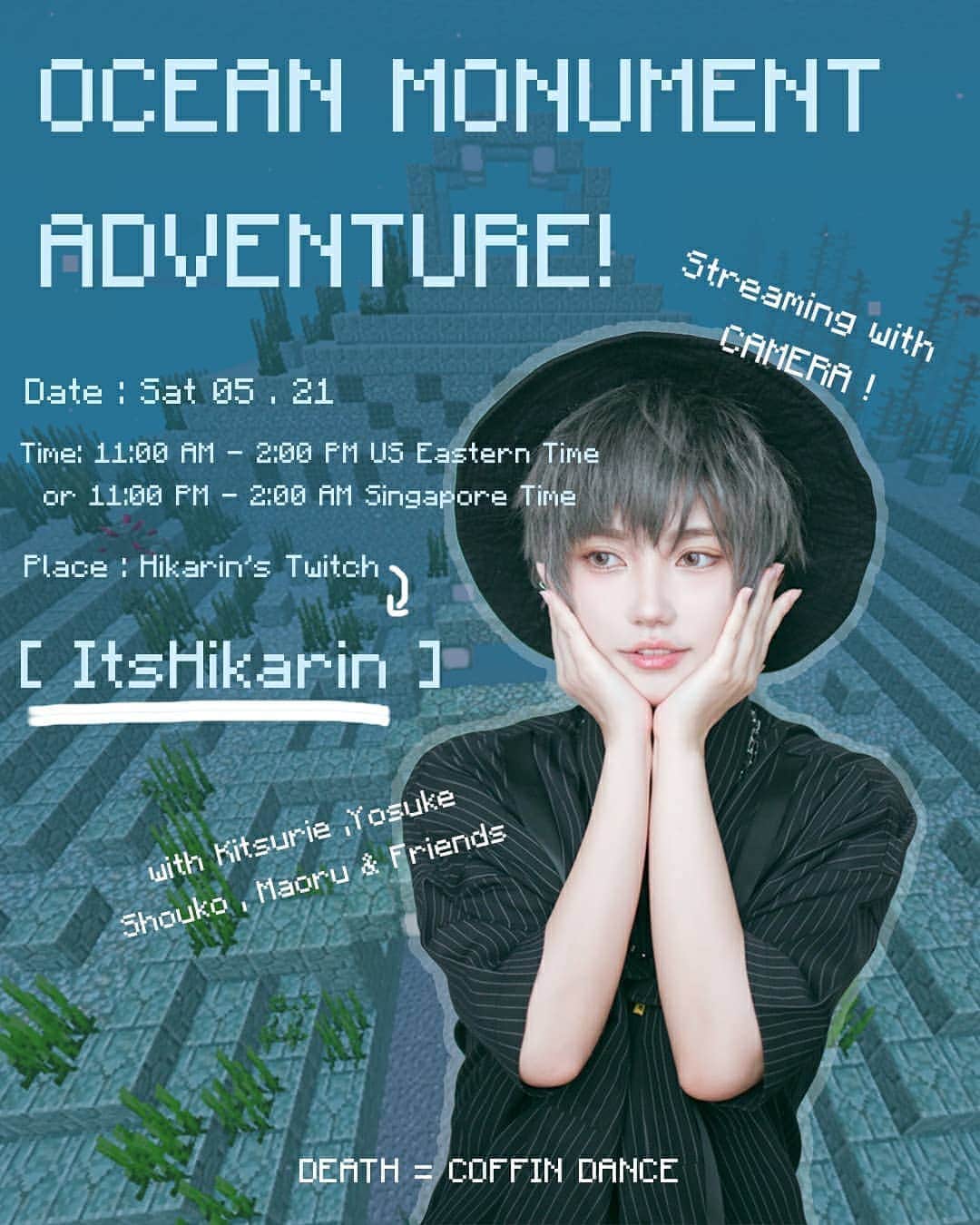 ひかりんのインスタグラム：「Are you ready for Another Livestream ?! I am because I finally got a camera 😀 this time we will beable to see my reactions as we adventure into the sea and woodland mansion. Date: 23rd May 2020 Time : Saturday 11AM US Eastern time / 11PM Singapore time Be sure to follow my twitch [ ItsHikarin ] to not miss the stream when it begins ! See you there ~ #minecraft #twitch」