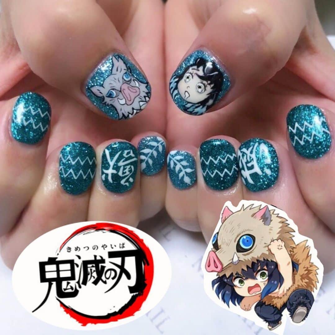 小嶋晶子のインスタグラム：「(◎´艸`{ New nail💅I really like this! 👹I'm into Kimetsu no Yaiba.⚔️He is my favorite character and his name is Inosuke! 🐗 #nail #nails #newnail #newnails #ジェルネイル #手描きネイル #痛ネイル #鬼滅の刃ネイル #鬼滅ネイル #伊之助ネイル #鬼滅の刃 #嘴平伊之 #伊之助 #かまぼこ隊 #👹⚔️🐗」