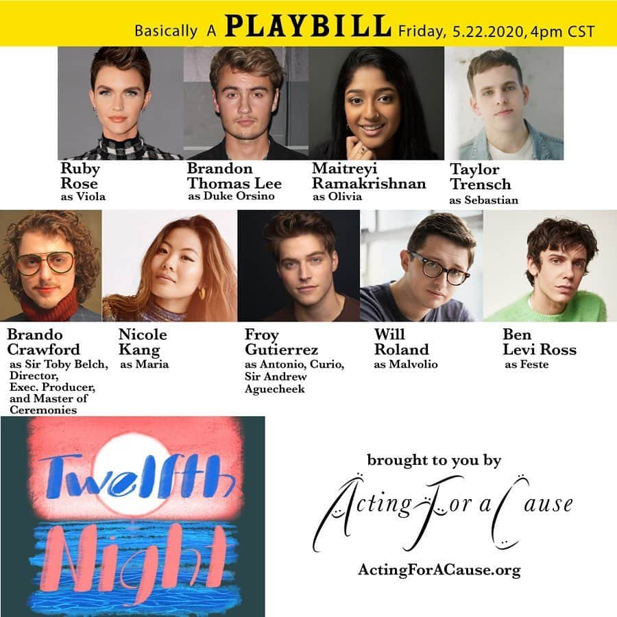 ブランドン・トーマス・リーのインスタグラム：「Taking place in something very special tomorrow LIVE! So happy to be doing a live read of Shakespeare’s “Twelfth Night” for @acting4acause to raise money for charity. P.s we have a great cast ;) check out the link in my bio to watch!!! @rubyrose  @brandonthomaslee @maitreyiramakrishnan @knucklesandwich @professorbrando @nicolekang @froy @actually_will_roland @benlross @acting4acause」