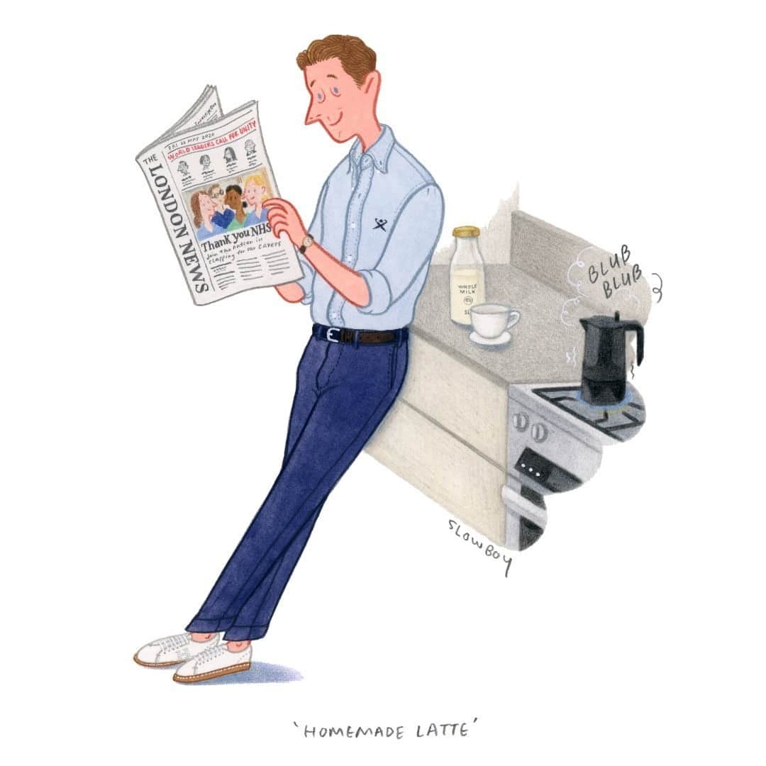 ハケットのインスタグラム：「We’re proud to present the first in a series of illustrations by @mr.slowboy, which perfectly capture the essence of the Hackett gentleman at home. Try our staple favourites - chinos, an Oxford shirt and trainers - for a stellar casual look that works perfectly for balancing busy work and home life.⠀ At Hackett, we STAY Caring, we #STAYHackett.⠀」