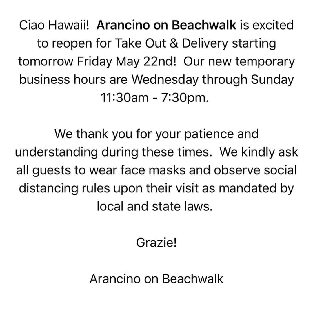 Arancino On Beachwalkのインスタグラム：「Aloha!  We are reopening for take out & delivery starting Friday 5/22!  Please call 808-923-5557 for take out / delivery via @bitesquad app. See you all soon! 🤙🏽🍝🍕」