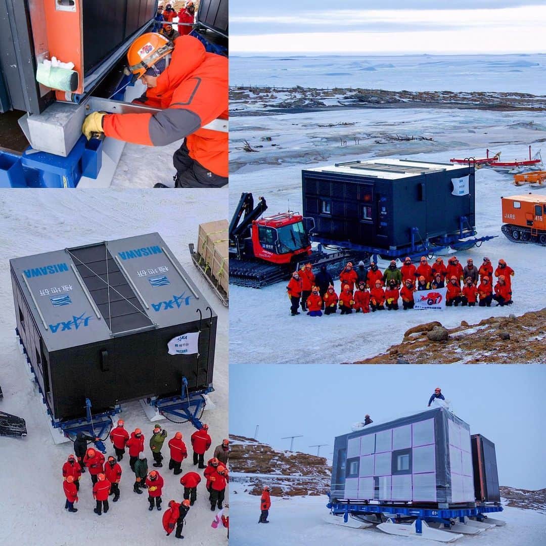 ミサワホーム株式会社さんのインスタグラム写真 - (ミサワホーム株式会社Instagram)「【南極移動基地ユニット連結完了！】 ミサワホームが創立翌年から約半世紀にわたり建設サポートを続けている南極昭和基地では、これからJAXA、極地研と共に極限環境下での持続可能な住宅システムの構築を目的とした実証実験が実施されます。  極夜期が近づき日が短くなり(10時半頃日の出、14時頃日の入)、気温も-20度前後の寒い中、実証実験の舞台となる南極移動基地ユニットの連結作業が無事完了しました！  地上での未来志向住宅や、月面での有人拠点への応用が期待されるこの実験は今年9月まで続けられる予定です。 ※写真は JARE61 国立極地研究所提供 ▼南極移動基地とは？ https://www.misawa.co.jp/nankyoku/idoukichi/?ban=instati200522 ▼南極の歩き方（南極観測応援サイト） https://www.misawa.co.jp/nankyoku/?ban=instati200522 ▼ミサワホームグループから61次隊参加中の鈴木隊員の南極ブログ http://misawa.co-blog.jp/nankyoku61  #JAXA #NIPR #JARE #MISAWA #ミサワホーム #南極移動基地」5月22日 15時07分 - misawahomes