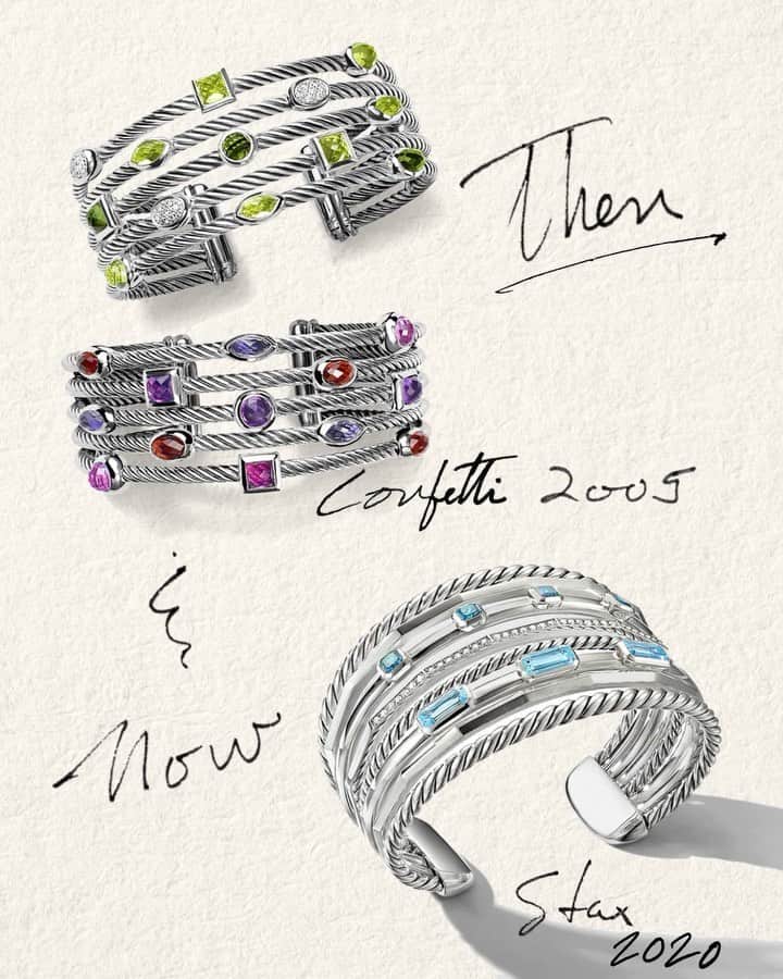 デビッドヤーマンのインスタグラム：「Rhythm and rhyme. Music has always been an inspiration. In the Confetti Collection, launched in 2005, cable is the baseline with colorful gemstones like notes on a musical scale. Today, the Stax Collection continues the musical theme, with the designs a jazz riff on #DavidYurman’s artistic signature, combining cable, chain, faceted metal and gemstones in a singular design.」