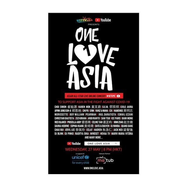 AKIRAさんのインスタグラム写真 - (AKIRAInstagram)「#OneLoveAsia #Unicef #WebTVAsia #YouTube ============== ◆ 5月27日に開催！UNICEFをサポートを目的としたライブストリーミングコンサート“ONE LOVE ASIA”にEXILE AKIRA出演！ ・日時 5/27(水)21:00～ ・ライブストリーミングはこちらのリンクからご利用いただけます。 【One Love Asia's official YouTube channel】 www.youtube.com/c/oneloveasia ◆本文 WebTVAsiaとYouTube がUNICEF（ユニセフ）を支援する目的でスター勢ぞろいのコンサート “ONE LOVE ASIA” の開催を発表しました。このコンサートは、アジア全域の有名人、アーティスト、YouTubeクリエイターなどの人気のラインナップをフィーチャリングしており、2020年5月27日に One Love Asia's official YouTube channel 限定でライブストリーミングを行います。  日本時間21時より開始され、この4時間のライブストリーミングに出演するアジアのスターは東アジア太平洋地域ユニセフ地域大使, チェ・シウォン , EXILE AKIRA, Karen Mok, Apink Jung Eun-Ji, Namewee, G.E.M., Ranz & Niana, Davika Hoorne, Mario Maurer, Jack Neo, Morissette, Boy William,Ice Paris, Pearwah, Christian Bautista, Baim Wong, Raditya Dika, Ismail Izzani, Quang Dang, DatG &DuUyen, Chi Pu, Erik, Inul Daratista, Celine Tam, Priscilla Abby, HaoRen となり、50人以上の人気アーティスト、有名人、YouTubeクリエイターなども共に参加します。この One Love Asia でのライブストリーミングに寄せられたすべての寄付はユニセフアジアに送られ、パンデミックが弱い立場にいる子供たちにとって末永く続く危機となることを防ぐための対策に利用されます。  寄付はライブストリーミング中にYouTubeの‘Donate Now’ボタンから直接ユニセフのアカウントに支払うことで可能です。また、弱い立場の子供たちをサポートする寄付はコンサート終了後も30日間可能です。  詳細の情報についてはこちらにアクセスしてください。  www.onelove.asia」5月22日 22時59分 - exileakira_official