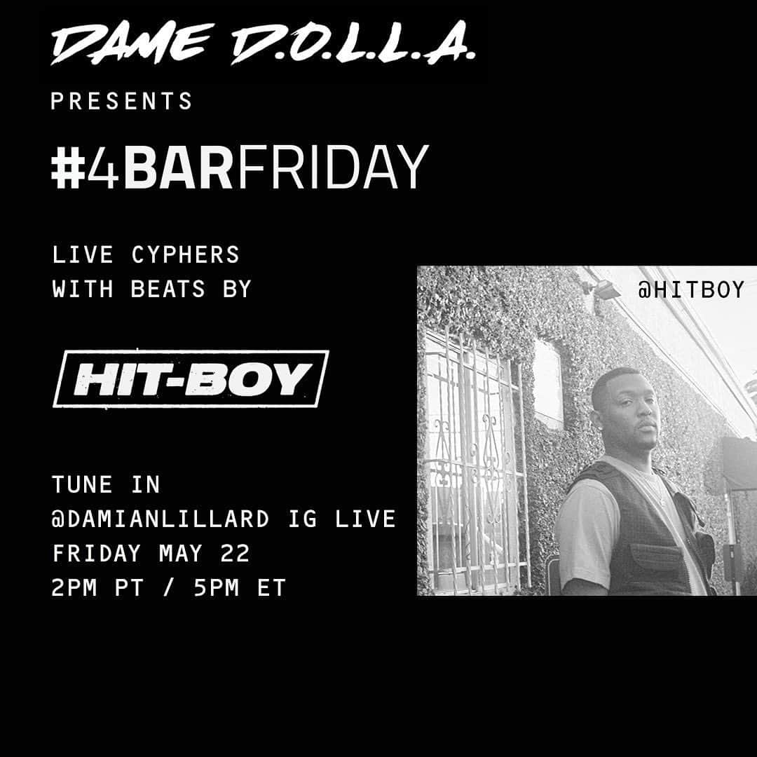 デイミアン・リラードのインスタグラム：「🥁 🎹 🔊 Shoutout to @hitboy for providing beats for the MCs participating in my IG Live Cypher later today. We’re back at it today on my IG Live with 8 new MCs battling at 2pm PT/5pm ET. Tap in! #StayHome #4BarFriday #BoredInTheHouse」