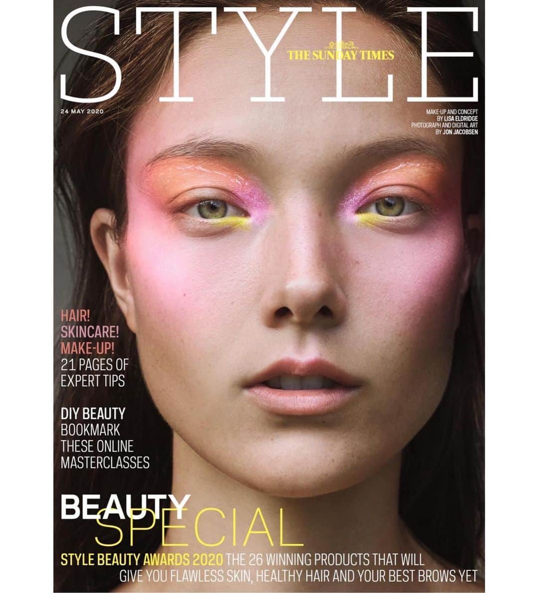 ユミ・ランバートのインスタグラム：「I’m very happy to present you this new Cover for the Sunday Times Style-Beauty Special. Shot remotely with talent from all over the world. 🥰💯 ——————————————————————— When @jon_jacobsen asked me to try on this new experience, I was very excited to see how we could go further than the limits we always thought our industry had. While each of us were in Portugal, England and Hawaii, I shot raw portraits with @guillaumerasquier.  During this time, Jon and @lisaeldridgemakeup created a digital make up palette developed by sampling real products, colors and textures. After this done, Lisa created a look that Jon texturized and art directed over the shot I took.  At the end, we got a very creative look mixing new possibilities that are not always achievable in real life. This powdery/glossy yet a  very natural look. I felt so much pride of being involved at that level. Thank you for the trust to :  @theststyle  Images and digital art by @jon_jacobsen Make-up and concept by @lisaeldridgemakeup Beauty director: @sarahjossel  Creative producer: @leila.hartley  Ph. assistant: @guillaumerasquier  @imgmodels」