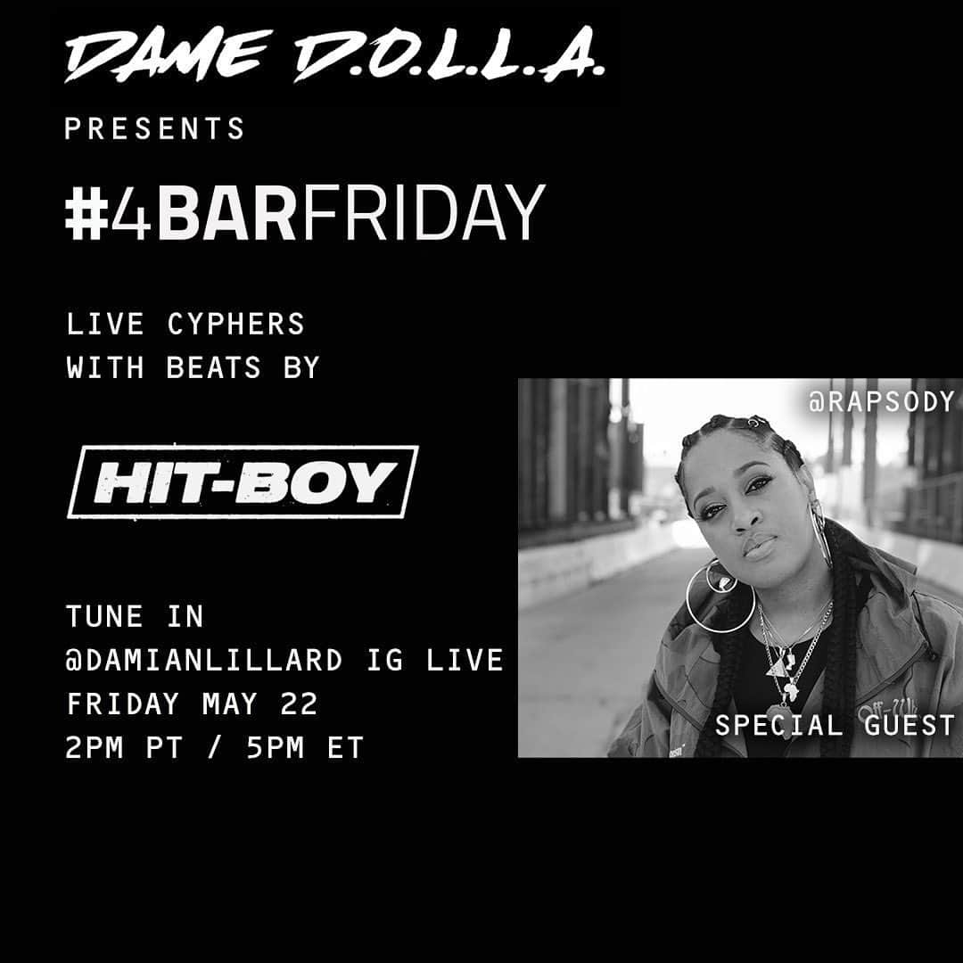 デイミアン・リラードのインスタグラム：「@rapsody will be coming by my IG Live Cypher Series today at 2pm PT/5pm ET to give feedback to the 8 MCs participating today. See y’all on my IG Live then. #4BarFriday #Rapsody #BoredInTheHouse #StayHome」