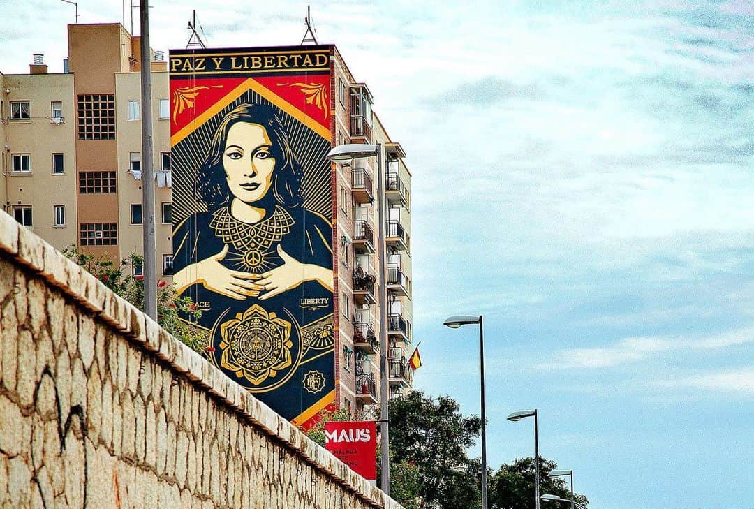 Shepard Faireyのインスタグラム：「For this week's throwback, I'm highlighting my trip to Málaga in 2015. I was very excited about the opportunity to visit a beautiful city and not only do more art in the streets but showcase "Your Eyes Here," a solo exhibition that featured a broad range of my works at the CAC Málaga Museum. The CAC is a beautiful space that lent itself well to the variety of scales and configurations of my work. I was proud to be showing at the same time as D*Face, an artist I consider a friend and inspiration! Check out these shots from the trip that were taken by @jonathanfurlong. I hope to go back to visit someday, in the meantime I hope all of my friends in Spain and all over the world are staying safe! -Shepard」
