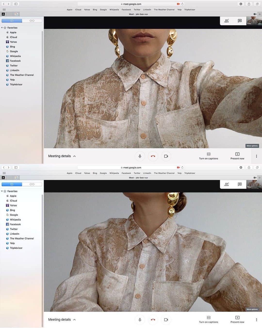 Monica Sordoのインスタグラム：「Trying to leave the meeting early because it’s Friday 👋🏼👋🏼👋🏼 MS #HangOutMeets the “Oriente” earrings and the Darea Blouse by @simonett ✌🏼」