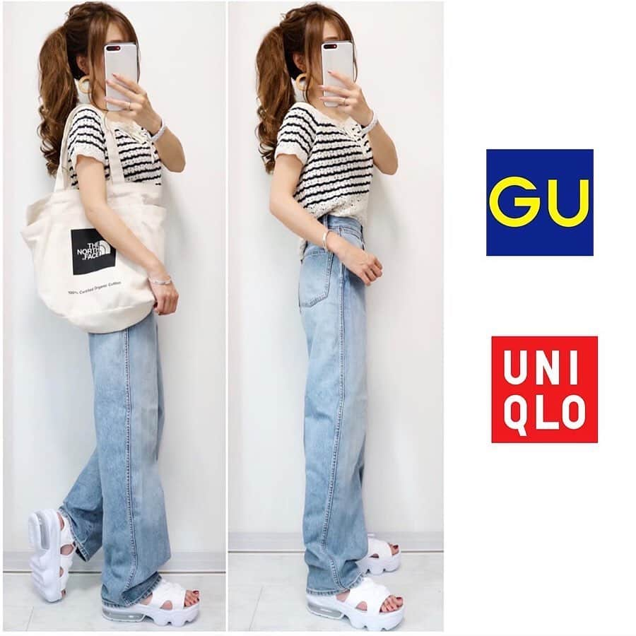 AIRIさんのインスタグラム写真 - (AIRIInstagram)「. gu×UNIQLO💓 とてもカジュアル🙈 . このボーダーの透かし編みニットすっごく可愛い😍✨ guのコラボアイテムってあんまり買ったこと無かったんだけど、めちゃくちゃツボなデザインでした🥺 . 着丈が短いのでLサイズにしましたが、Mでも良かったかなぁ🤔やっぱりオンラインで購入は難しいですね💦 . . . コーデ詳細はブログに書きます📝💕 透かし編みセーター: @gu_for_all_ bottom: @uniqlo (昨年の bag:(左) @thenorthface  sandal: @nike . . . #着回しコーデ#購入品#デニムコーデ#gu#gu_for_all#guコーデ#ジーユー#uniqlo#uniqloginza#ユニクロ#ユニクロコーデ#スニーカー#スニーカー女子#ヘアアレンジ#ロングヘア#プチプラ#プチプラコーデ#シンプル#カジュアル#カジュアルコーデ#今日のコーデ#きょコ#今日の服#ママ#ママコーデ#ママファッション#ファッション#コーデ#コーディネート」5月23日 7時58分 - n.airi_taito