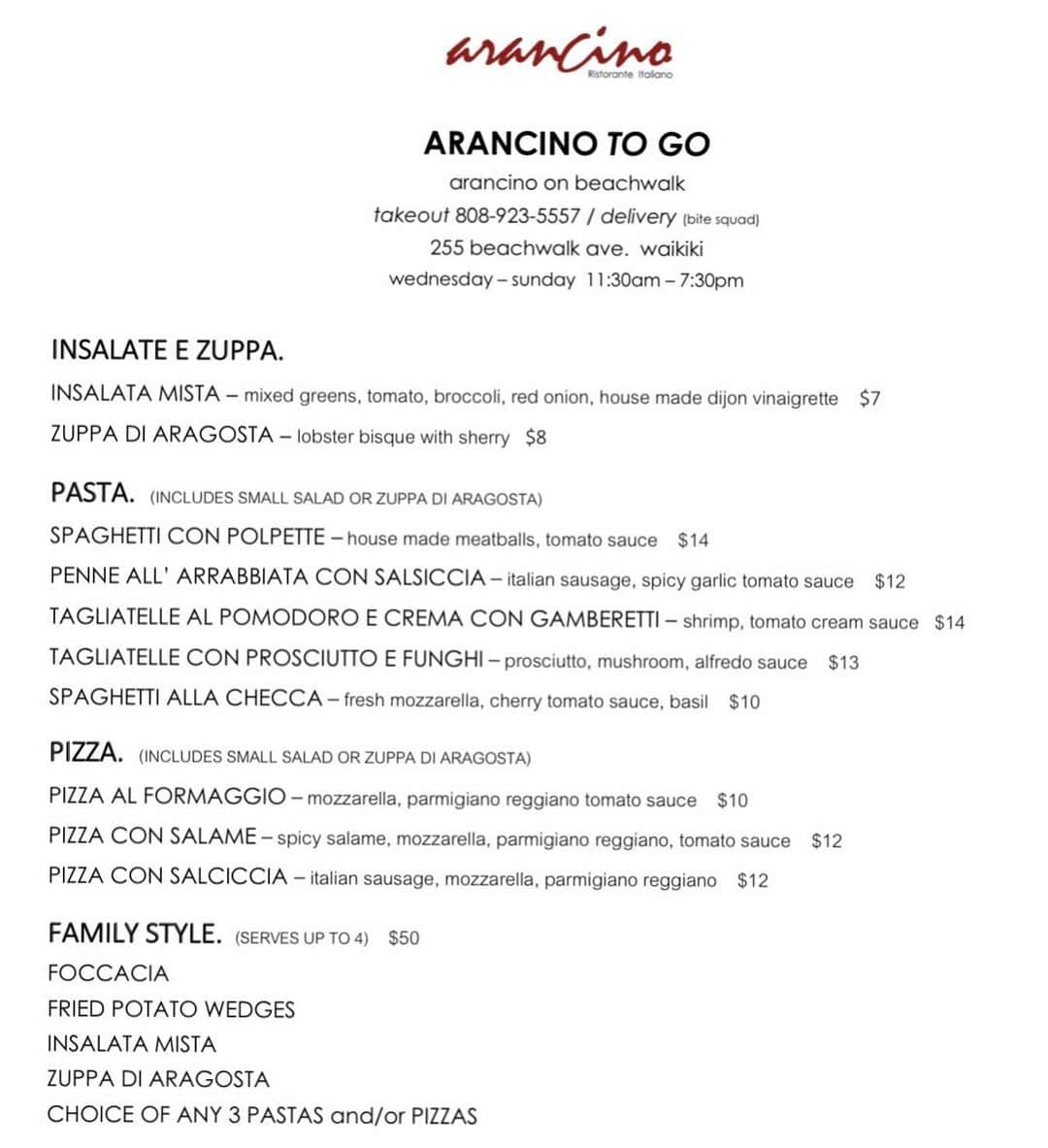 Arancino On Beachwalkのインスタグラム：「HAPPY ALOHA FRIDAY HAWAII!  Enjoy some of our classics back on our menu for a limited time!  Take Out 808-923-5557 & Delivery via Bite Squad」