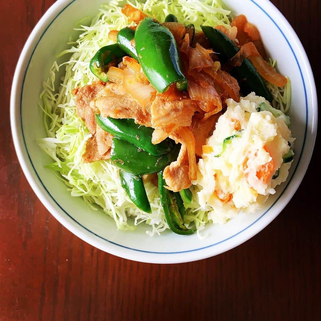 志摩有子さんのインスタグラム写真 - (志摩有子Instagram)「生姜焼き定食を丼に。ご飯の上にキャベツの千切り、生姜焼き、ポテサラを一緒のせに。新メークインで作ったポテサラがふわっと出来て自己満足。 生姜焼きはバーミキュラのフライパンで。玉ねぎもピー太郎も火が通っているのに仕上がってびっくり。  #生姜焼き丼 #バーミキュラフライパン」5月23日 14時51分 - ariko418