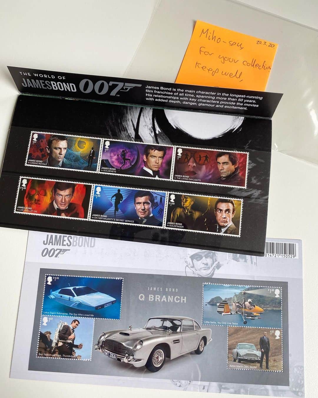 小西美穂のインスタグラム：「うわわわわわ！嬉しーい！﻿ 大好きな映画「007」🔫﻿ 最新作公開記念切手🇬🇧🤵﻿ ﻿ ロンドンに住んでいた頃から﻿ 切手を集めているのですが﻿ 現地の友人が、ボンドファンの私に﻿ 送ってくれました。﻿ ﻿ 「Q」の切手は、UVライトをあてると﻿ 隠れた文字が浮かび上がる！カッコいい！﻿ ﻿ イギリスがロックダウンになる前に﻿ 投函してくれたみたいで、﻿ 1ヶ月半かかって我が家に届いたのでした。﻿ ﻿ ロンドンから届いた友情と優しさに感謝😭﻿ ﻿ さっそく007映画みたくなりました🎬。﻿ ﻿ #007 #ジェームズボンド #切手 #切手女子 #jamesbond #notimetodie #bondjamesbond #stampcollection @007 @royalmailofficial」