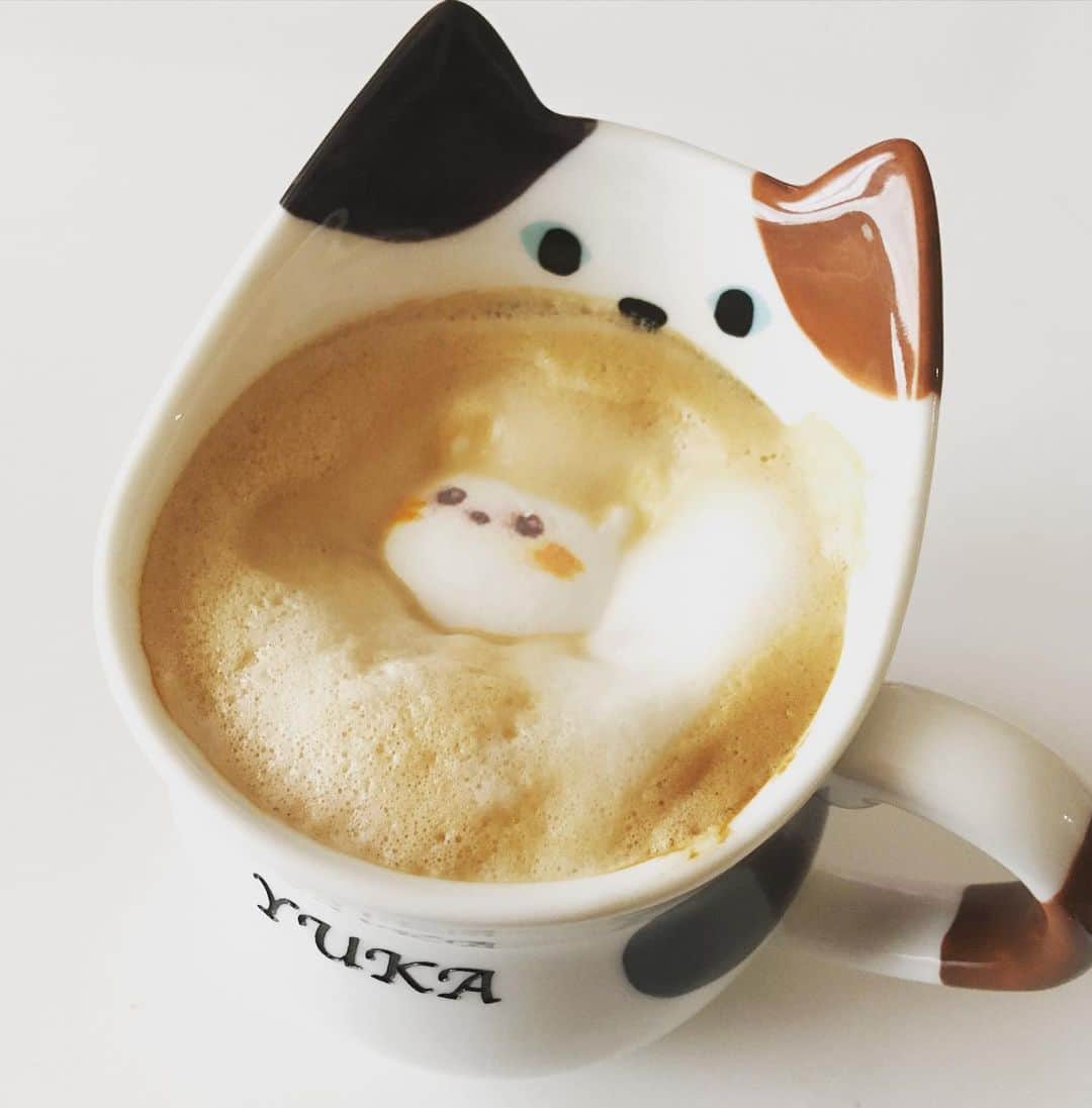 藤原ゆかのインスタグラム：「ファンの方からいただいたカップとラテマシュマロ☕️🐱🐻✨ 全然うまく撮れず悔しい…カメラ構えたころにはせっかくの可愛いマシュマロがいつも埋まってる…😂 癒しをありがとうございます！！！」